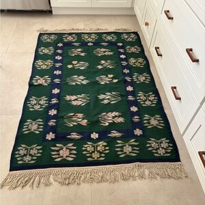 Vintage Kilim French Fleur Design Floral Green and Blue Area Rug 42x60